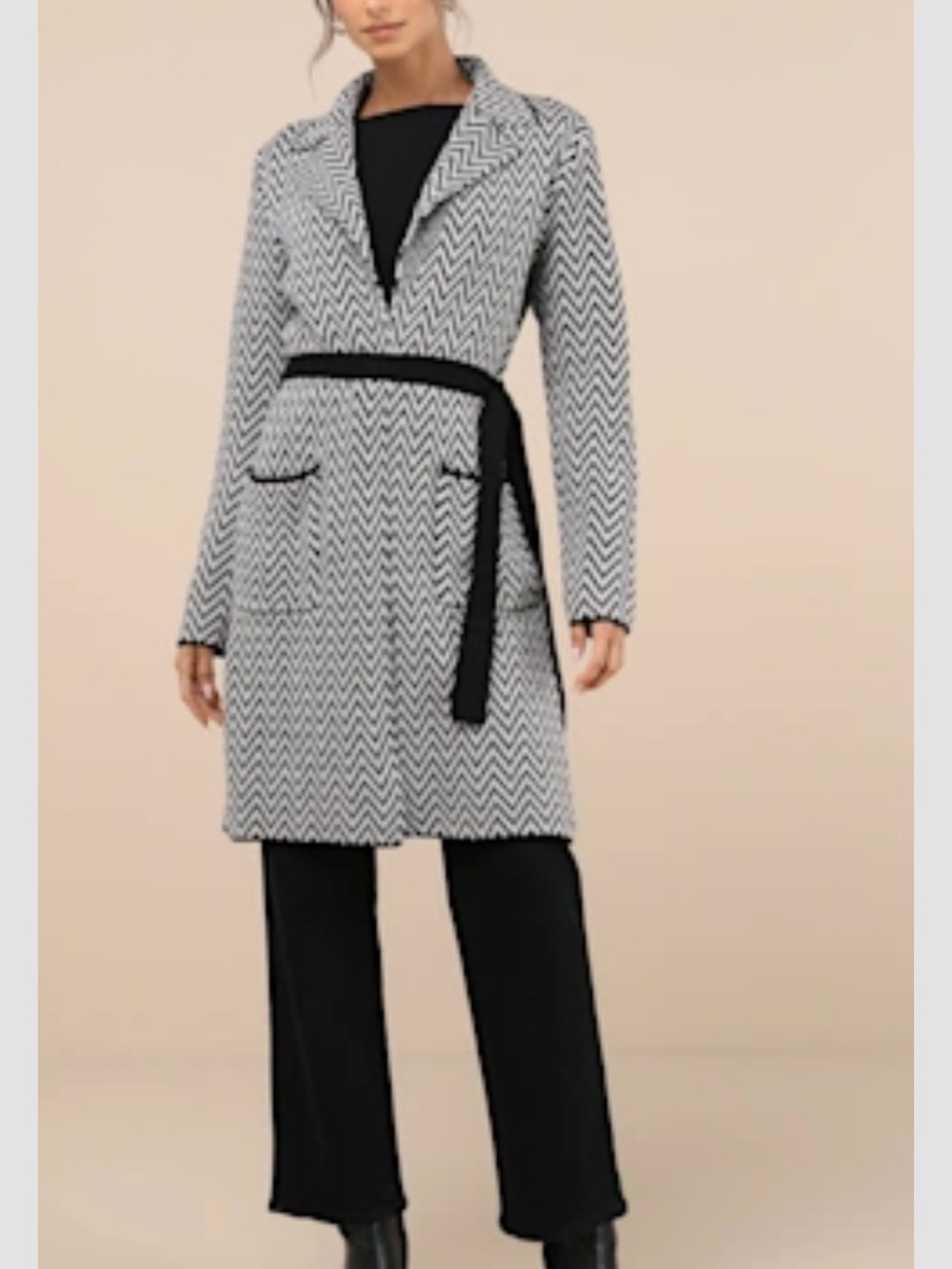 Lulu's Black and White Chevron Belted Cardigan Coat